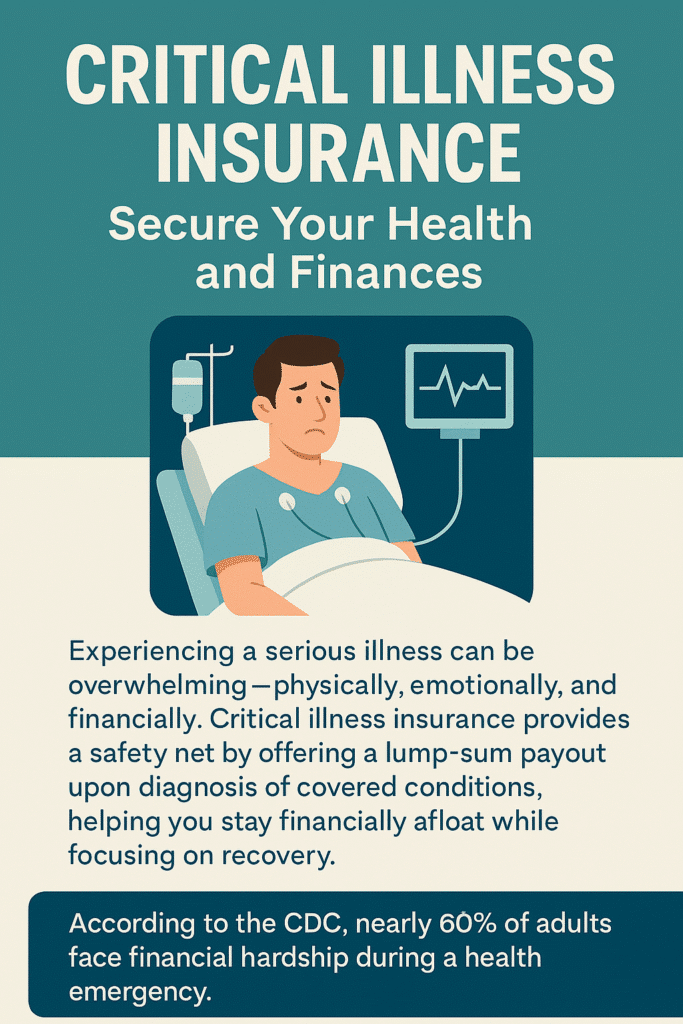 An illustration of a man in a hospital bed with medical equipment, highlighting the emotional and financial stress of a critical illness.