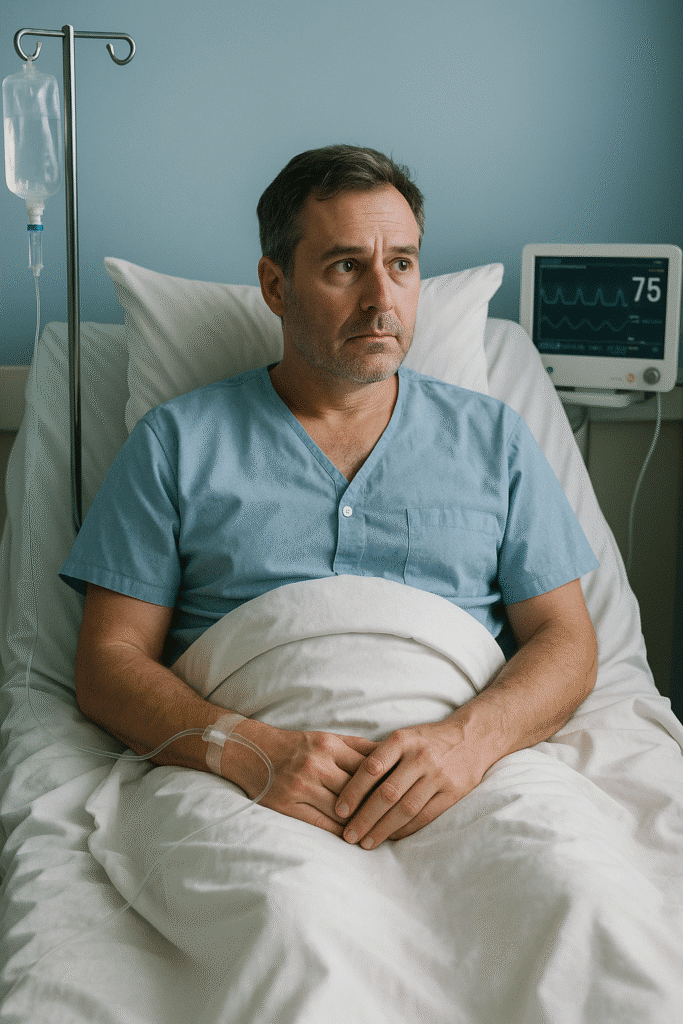 A middle-aged man with graying hair lies in a hospital bed, dressed in a light blue gown with an IV in his hand, looking worried while a heart monitor displays vital signs in the background.